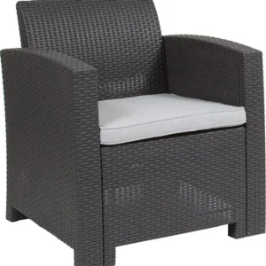 Dark Gray Faux Rattan Chair with All-Weather Light Gray Cushion by Flash Furniture | Outdoor Chairs | Modishstore - 1