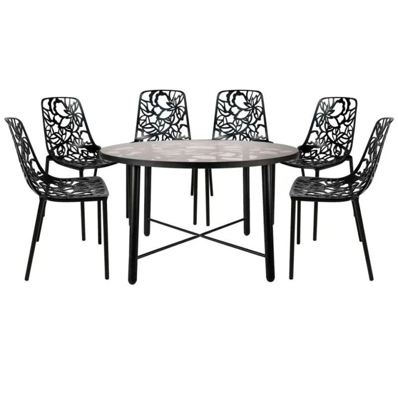 LeisureMod Devon Mid-Century Modern 7-Piece Aluminum Outdoor Patio Dining Set with Tempered Glass Top Table and 6 Stackable - DT48C6BL | Outdoor Dining Sets | Modishstore