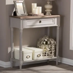Baxton Studio Edouard French Provincial Style White Wash Distressed Wood and Grey Two-tone 1-drawer Console Table | Console Tables | Modishstore