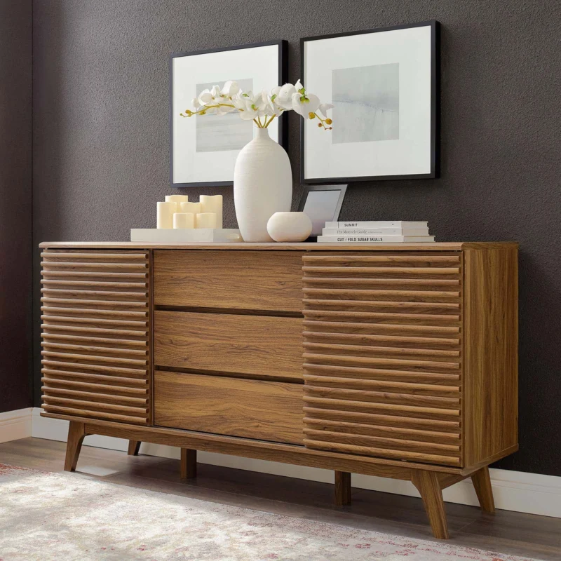Modway Render 63" Sideboard Buffet Table or TV Stand - EEI-3344 walnut Charcoal and oak color with inner drawers adjustable shelf . 32.5 inch height | Sideboards | Modishstore - 1
