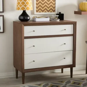 Baxton Studio Harlow Mid-century Modern Scandinavian Style White and Walnut Wood 3-drawer Chest | Modishstore | Drawers