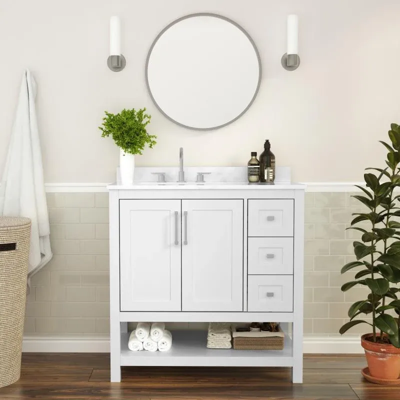 Vega 36 Inch Bathroom Vanity with Sink Open Shelf and 3 Drawers By Flash Furniture | Bathroom Accessories | Modishstore - 1