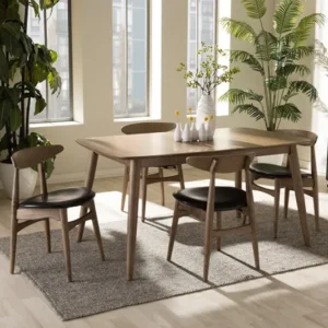 Baxton Studio Edna Mid-Century Modern French Black Faux Leather and "Oak" Light Brown Finishing Wood 5-Peice Dining Set | Modishstore | Dining Sets