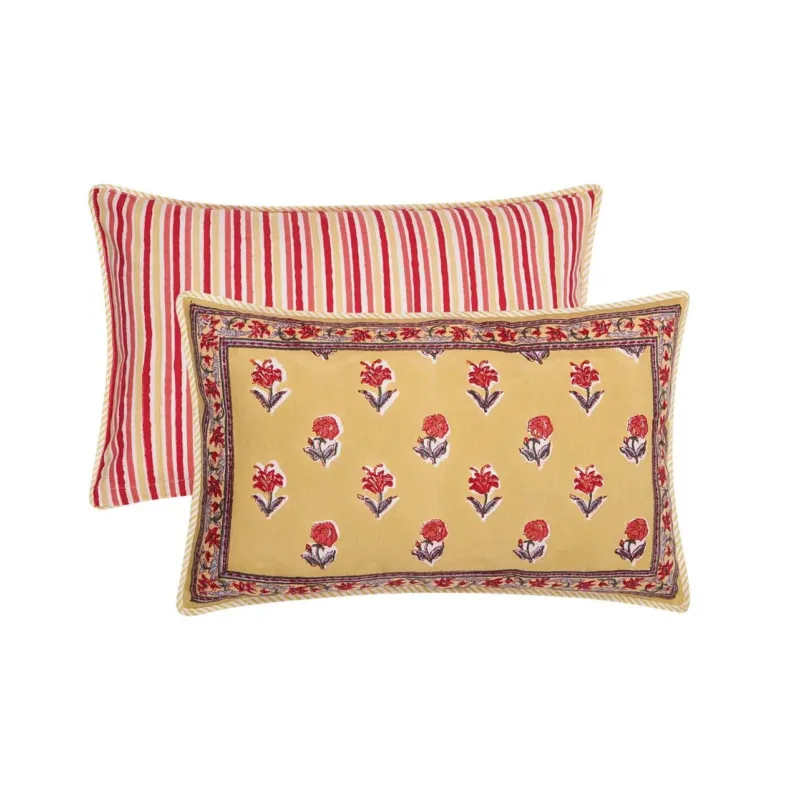 Rectangular block printed Haldi Cushion Cover in yellow and red stripes and florals