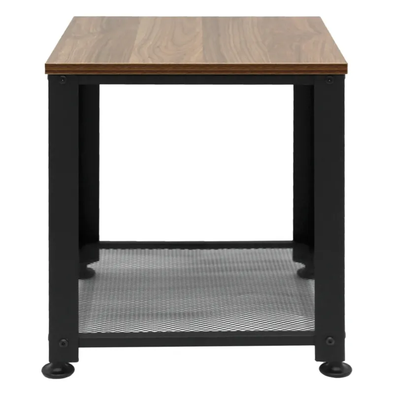 Kleiner Tisch mit Holzplatte und schwarzem Metallgestell.