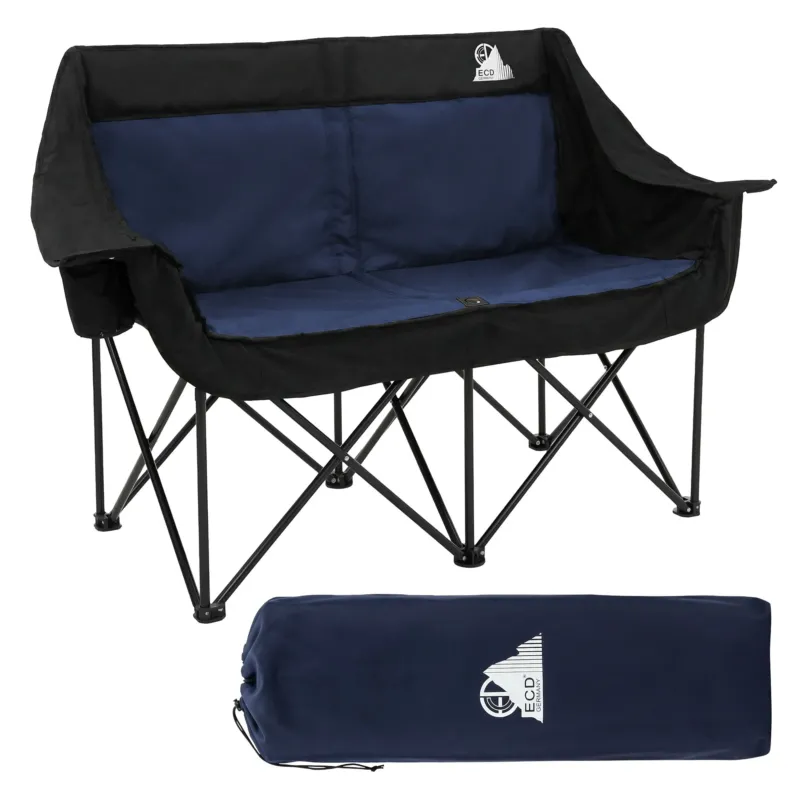 Foto eines 2-Sitzer-Campingstuhls in Khaki, zusammen mit der Tragetasche.