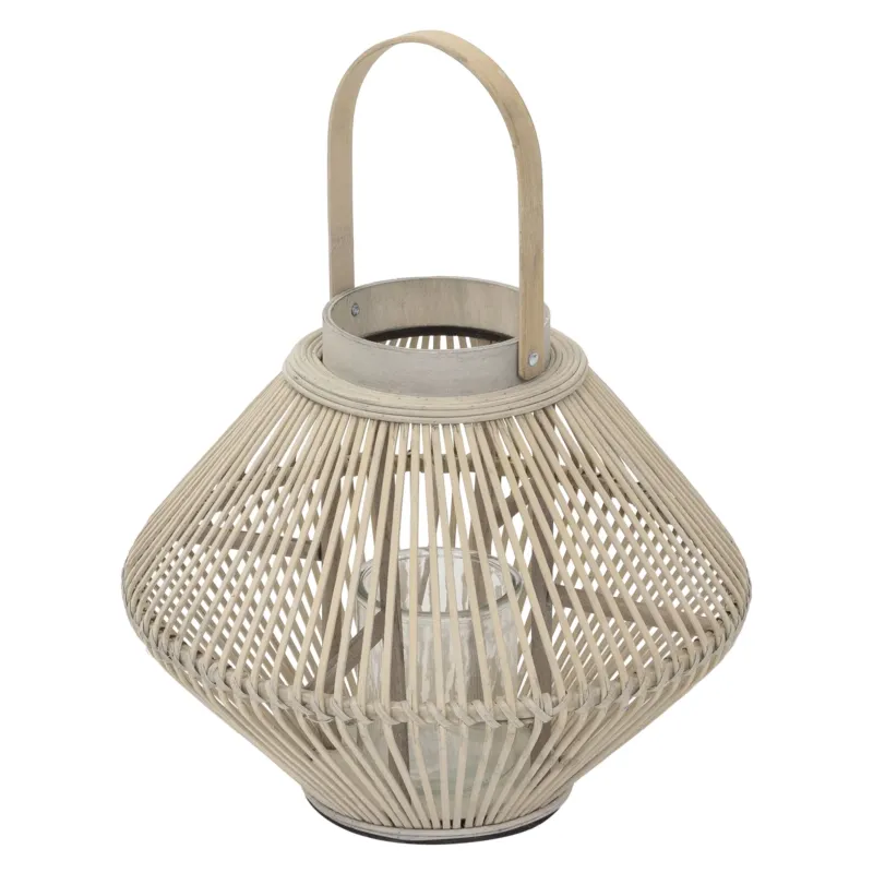 Laterne aus Rattan ohne Maßangaben, mit Glasbehälter.