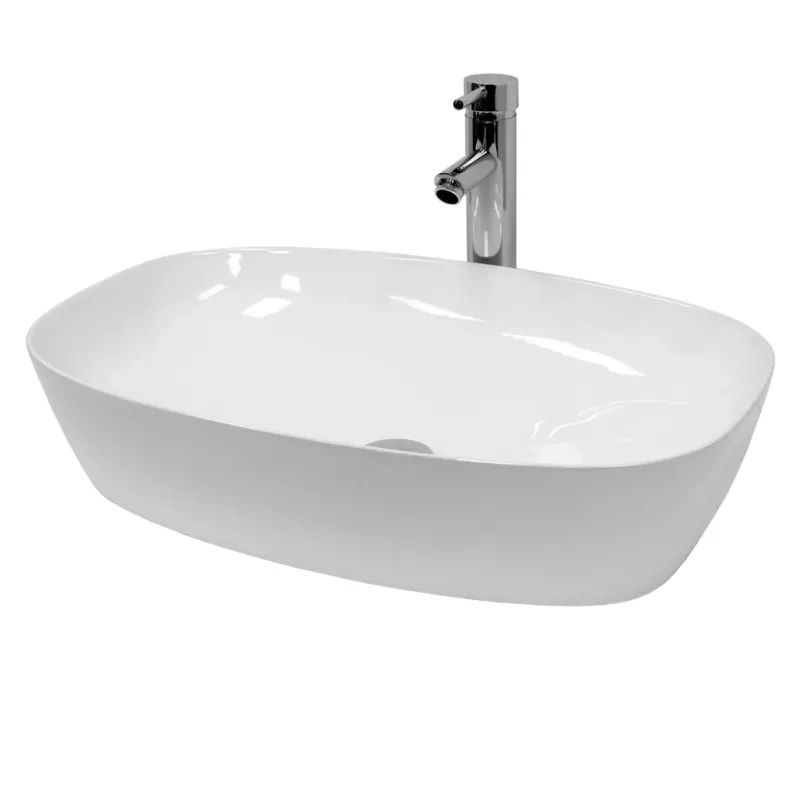 Rechteckiges, weißes Waschbecken mit einem modernen Wasserhahn.