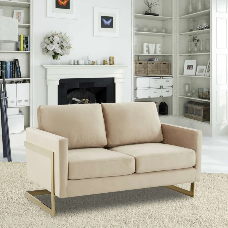 LeisureMod Lincoln Modern Mid-Century Upholstered Velvet Loveseat with Gold Frame | Loveseats | Modishstore