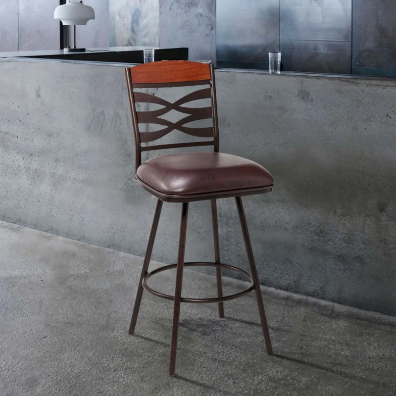 Arden Contemporary 30" Bar Height Barstool in Auburn Bay Finish with Brown Faux Leather and Sedona Wood Finish Back By Armen Living | Bar Stools | Modishstore