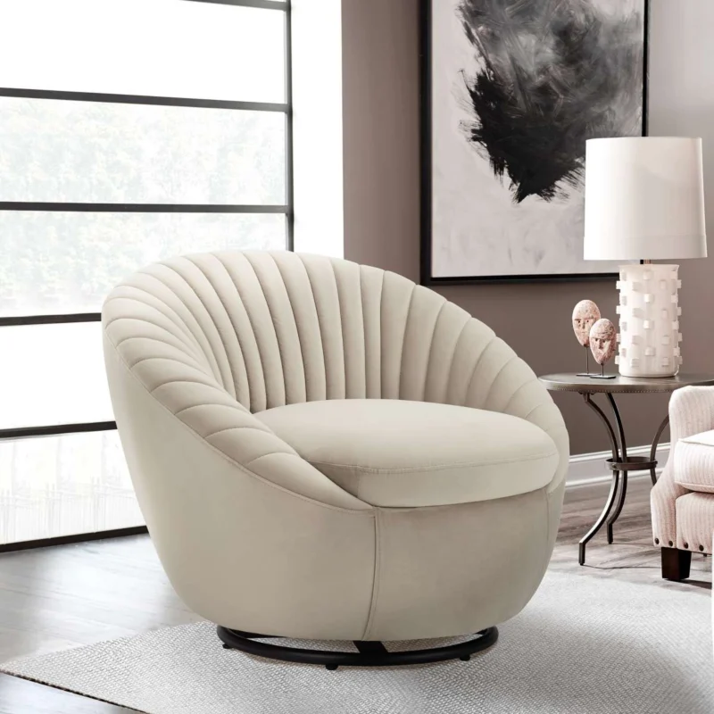 Bella Biege Velvet Swivel Accent Chair with Black Base By Armen Living | Accent Chairs | Modishstore