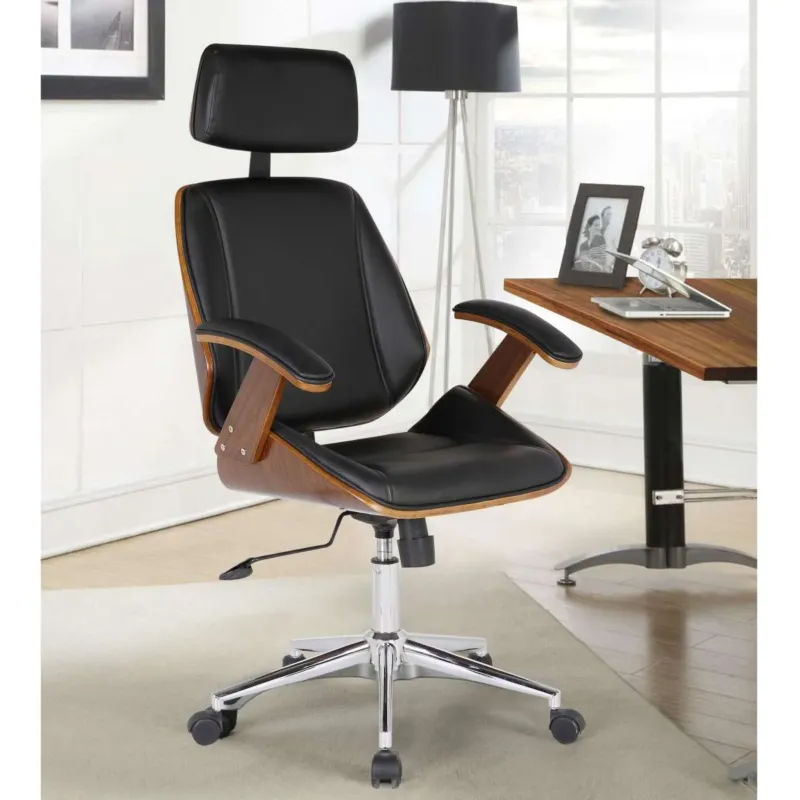 Century Office Chair with Multifunctional Mechanism in Chrome finish with Black Faux Leather and Walnut Veneer Back By Armen Living | Office Chairs | Modishstore