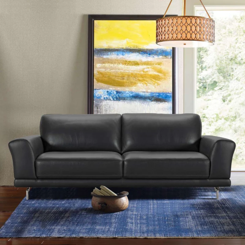 Everly Contemporary Sofa in Genuine Black Leather with Brushed Stainless Steel Legs By Armen Living | Sofas | Modishstore