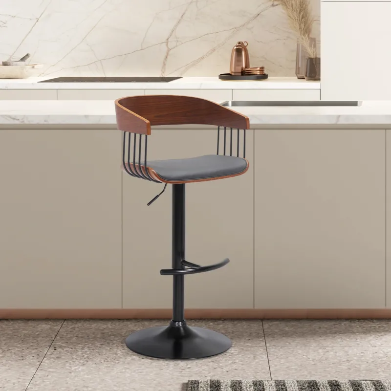 Larisa Adjustable Walnut Wood Bar Stool in Gray Faux Leather with Black Metal By Armen Living | Bar Stools | Modishstore