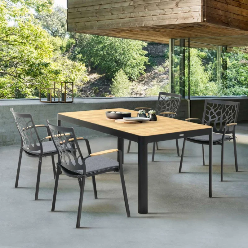 Portals Outdoor Rectangle Dining Table in Black Finish with Natural Teak Wood Top By Armen Living | Outdoor Tables | Modishstore