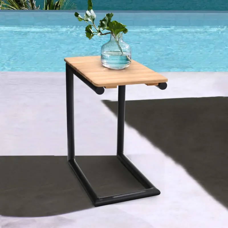 Portals Outdoor C-Shape Side Table in Black Finish and Natural Teak Wood Top By Armen Living | Outdoor Tables | Modishstore