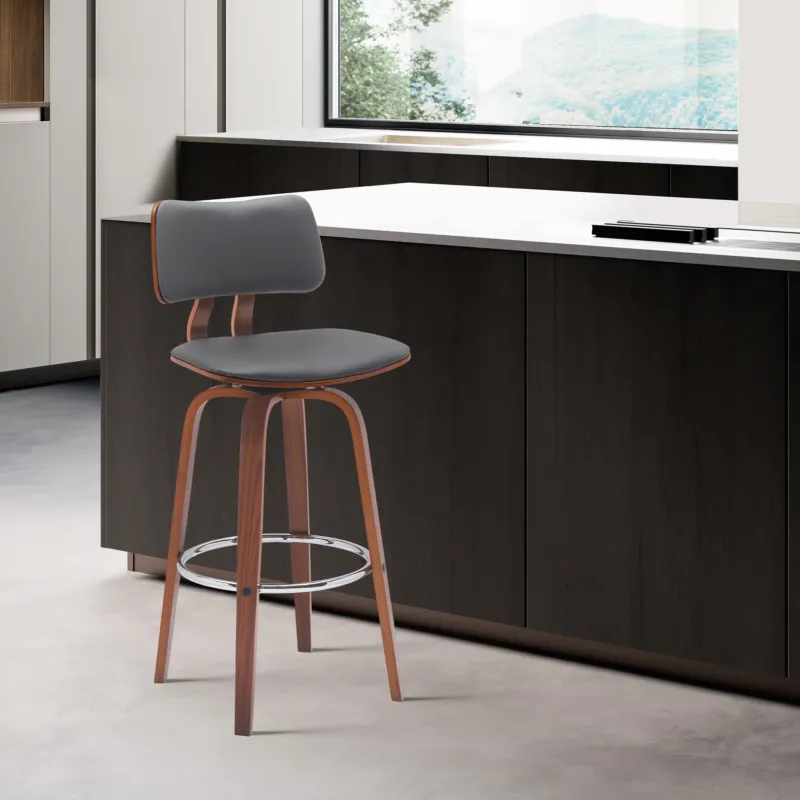 Pico 26" Swivel Walnut Wood Counter Stool in Gray Faux Leather with Chrome By Armen Living | Bar Stools | Modishstore