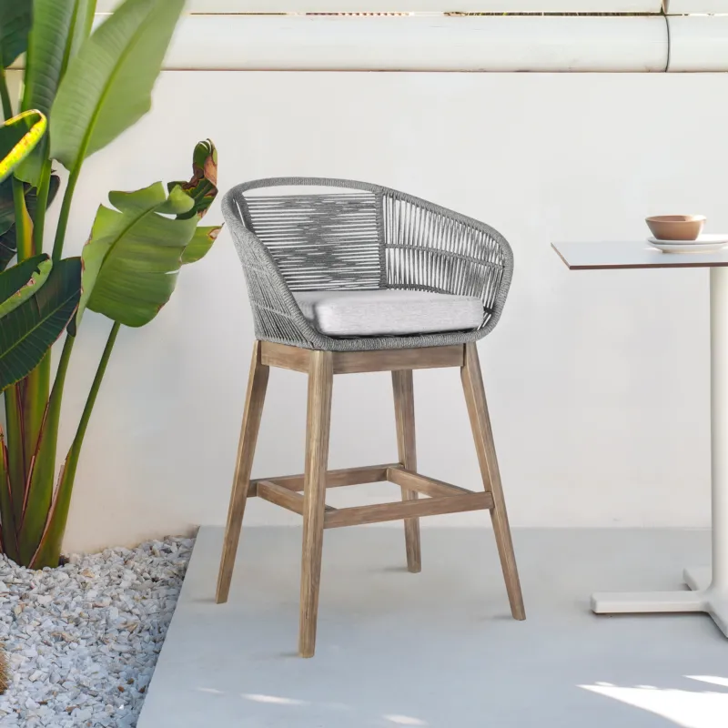 Tutti Frutti Indoor Outdoor Counter Height Bar Stool in Aged Teak Wood with Grey Rope By Armen Living | Bar Stools | Modishstore