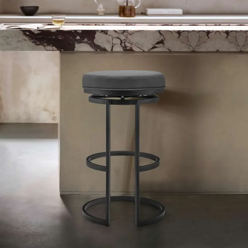 Vander 26" Gray Faux Leather and Black Metal Swivel Bar Stool By Armen Living | Bar Stools | Modishstore