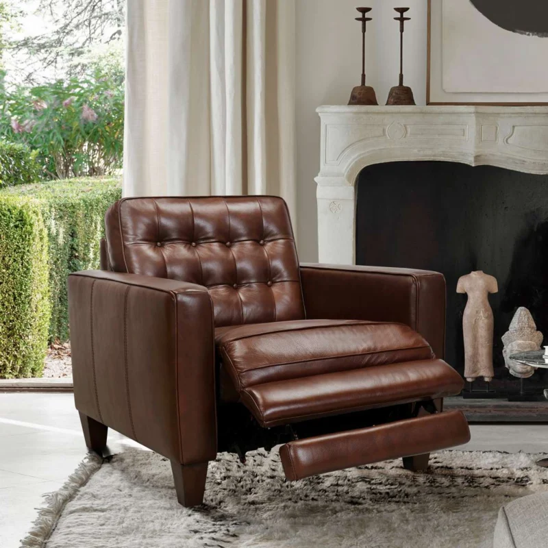 Wesley Chestnut Genuine Leather Power Footrest Tuxedo Arm Accent Chair By Armen Living | Lounge Chairs | Modishstore