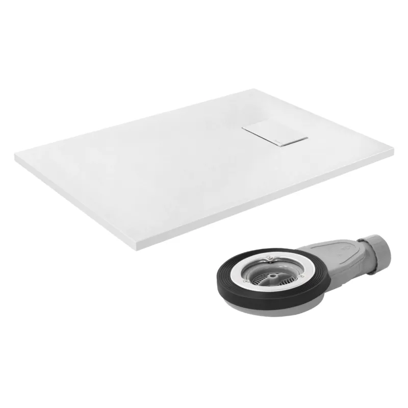 Weiße Duschwanne und Abfluss in grauem Design.