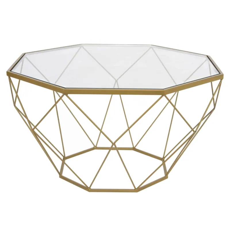 LeisureMod Malibu Large Modern Octagon Glass Top Coffee Table With Gold Chrome Base | Coffee Tables | Modishstore