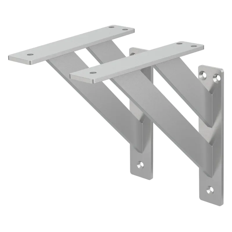 Zwei silberne Regalträger aus Metall, die in einem Winkel montiert sind.