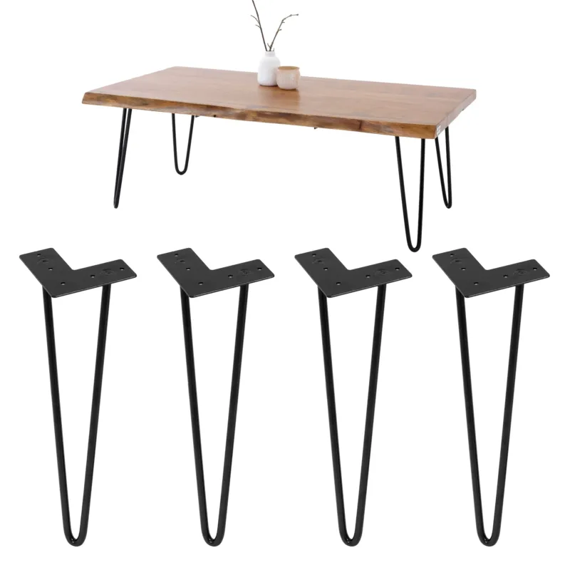 Holztisch mit vier Metallbeinen, die separat abgebildet sind.