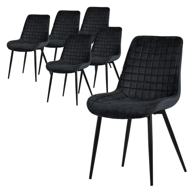 Sechs schwarze Stühle mit gepolstertem Sitz und quadratischem Muster.
