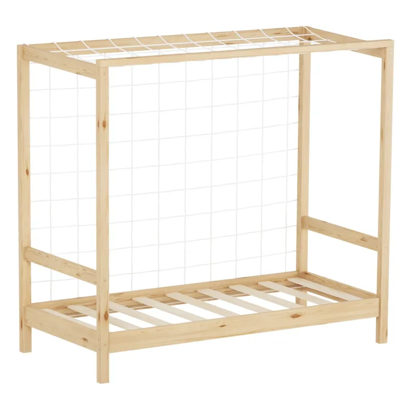 Ein einfaches Holzgestell für ein Bett mit einem Netz oben.