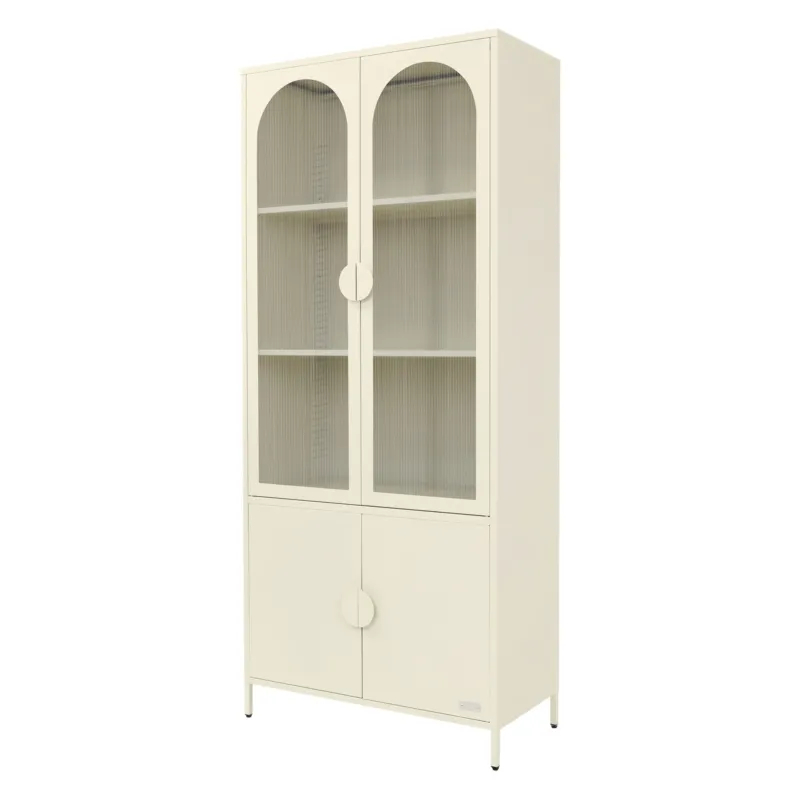 Schrank mit zwei Glastüren, vier Regalen und zwei Schubladen.