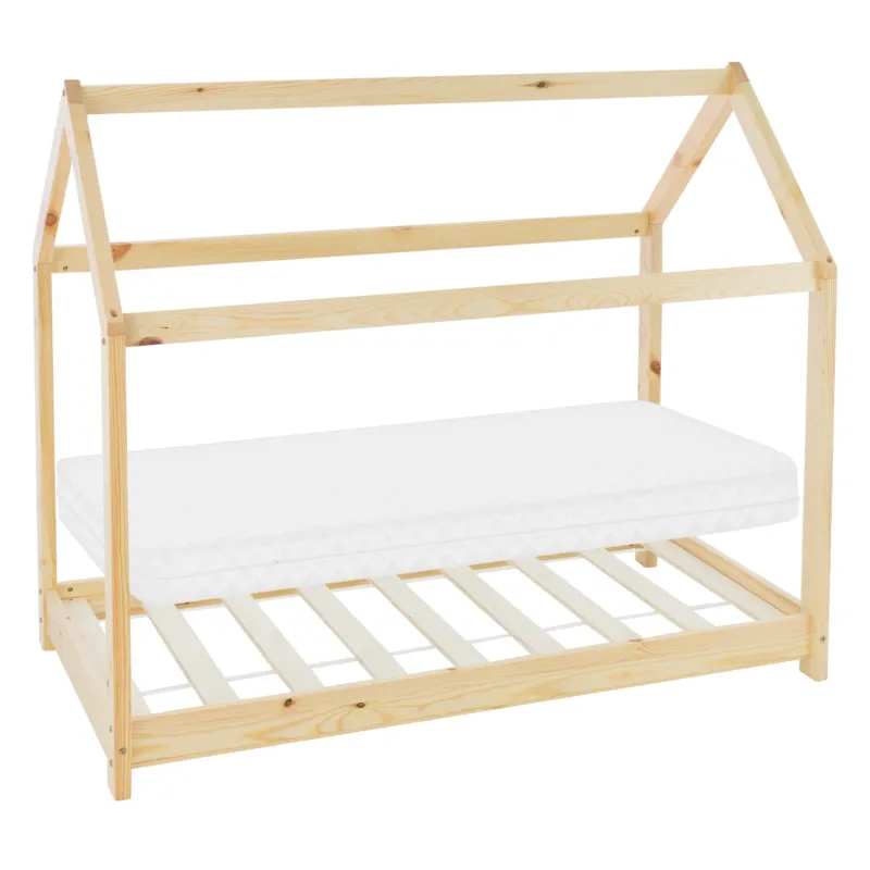 Bettgestell aus Holz in Naturfarbe mit Matratze und Dachform.