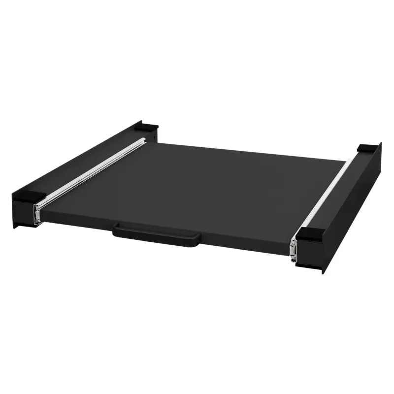 Schwarze Schublade mit Schienen, ohne Inhalt, auf weißem Hintergrund.