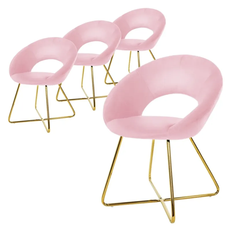 Vier pinkfarbene Stühle mit goldenen Beinen, frontal angeordnet.