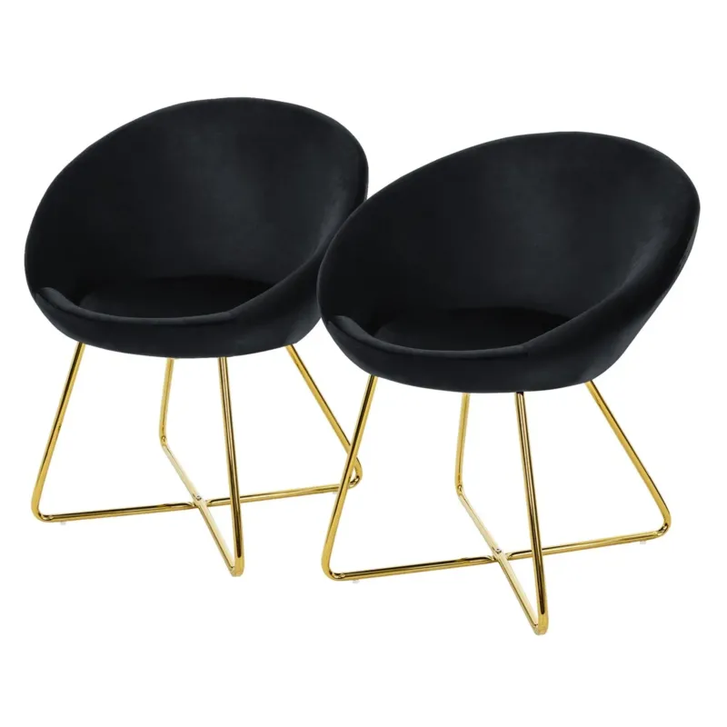 Zwei schwarze Stühle mit goldenen Beinen auf einem Teppich.