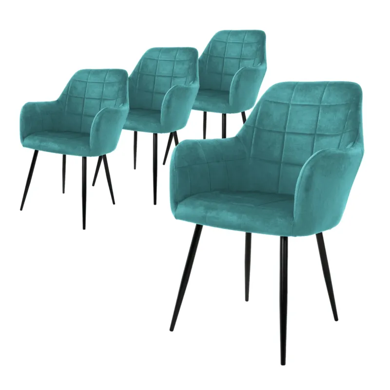 Vier türkisfarbene Stühle mit gestepptem Design auf schwarzen Beinen.