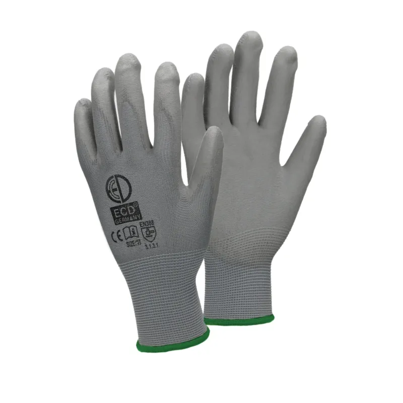 Grauer Mechanikerhandschuh mit grünem Bündchen, beide Hände sichtbar.