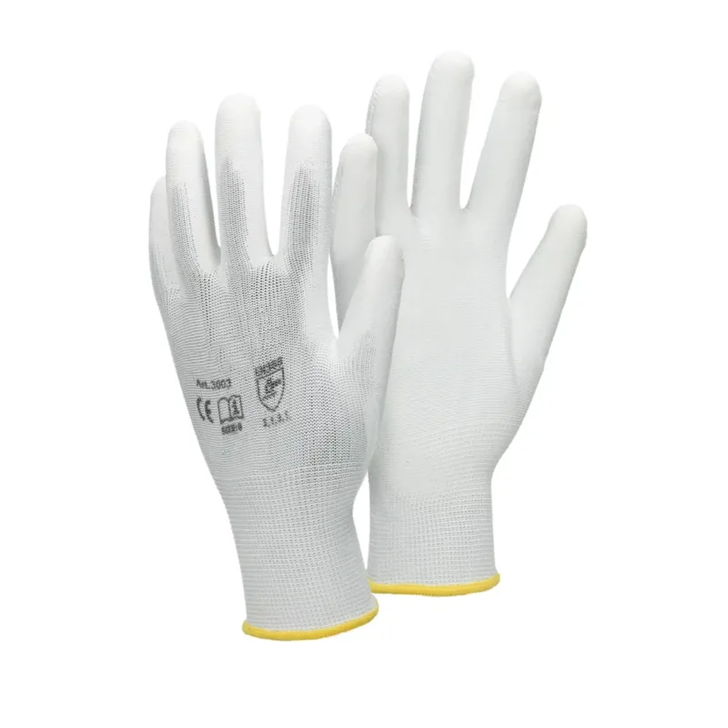 Zwei weiße Mechanikerhandschuhe mit gelbem Bund, Vorder- und Rückansicht.