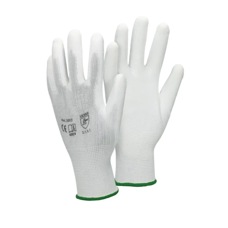 Zwei weiße Mechanikerhandschuhe mit grünem Bund, Größe XXL.