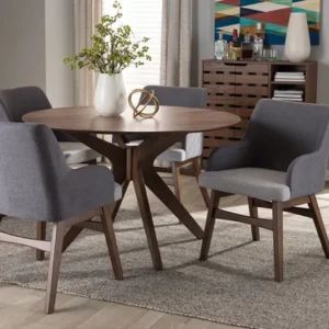 Baxton Studio Monte Mid-Century Modern Walnut Wood Round 5-Piece Dining Set | Modishstore | Dining Sets