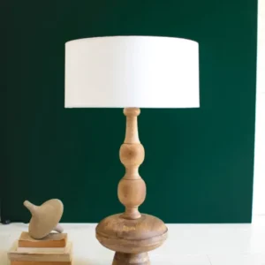Carved Wooden Table Lamp With Of White Barrel Shade By Kalalou | Table Lamps | Modishstore