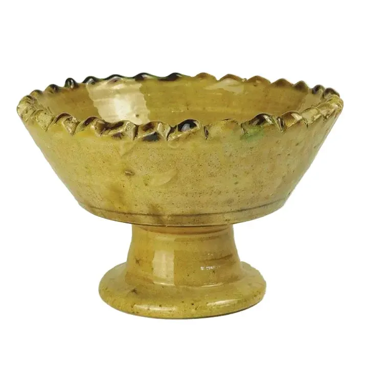 Vintage Tamegroute Ochre Jagged Edge Pedestal Fruit Bowl