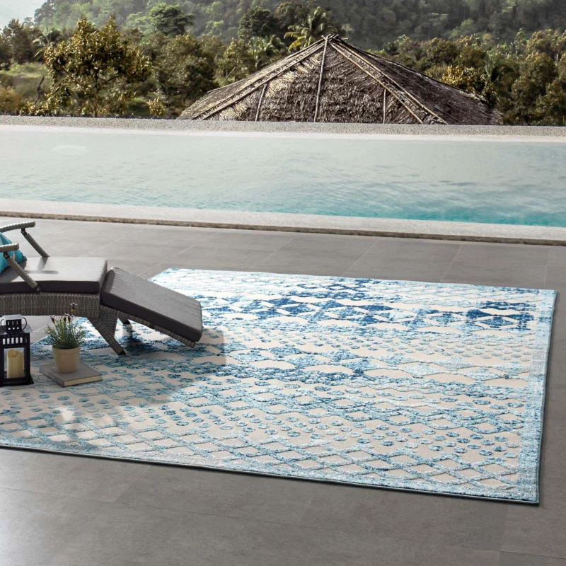 Modway Reflect Giada Distressed Vintage Abstract Diamond Moroccan Trellis 8x10 Indoor and Outdoor Area Rug Ivory and Blue - R-1178-810 | Rugs | Modishstore - 1