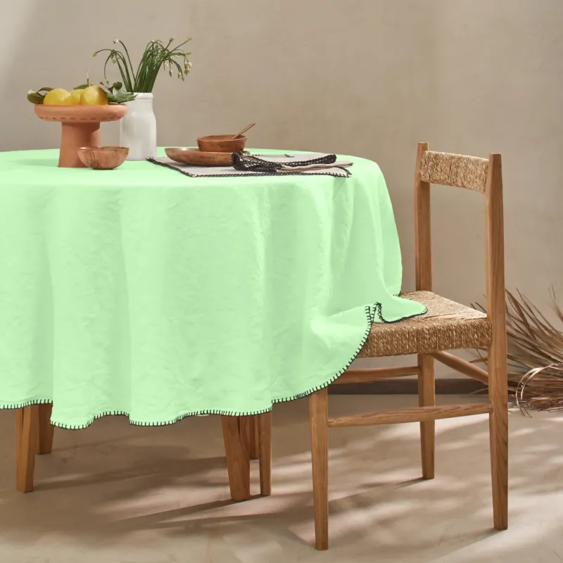 Nappe ronde en lin avec point de cheval vert menthe