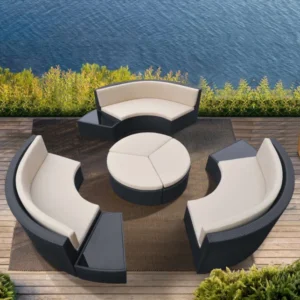 Barbados 9 piece Wicker Outdoor Patio Set in Black Powder Coated Finish with Water Resistant Beige Fabric Cushions By Armen Living | Outdoor Sofas, Loveseats & Sectionals | Modishstore