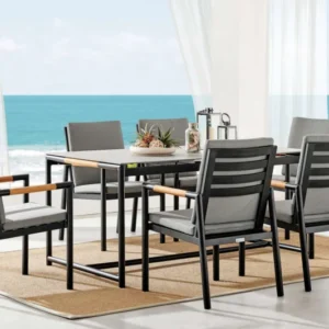 Crown 7 Piece Black Aluminum and Teak Outdoor Dining Set with Dark Gray Fabric By Armen Living | Outdoor Dining Sets | Modishstore