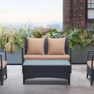 Havana 4 piece Outdoor Wicker Patio Set with Brown Fabric Cushions and Tempered Glass Top By Armen Living | Outdoor Sofas, Loveseats & Sectionals | Modishstore