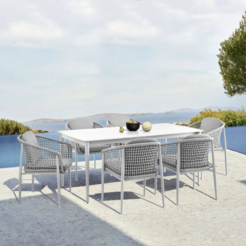 Rhodes Outdoor Patio 7 Piece Dining Set in Aluminum with Sintered Stone and Gray Cushions By Armen Living | Outdoor Dining Sets | Modishstore