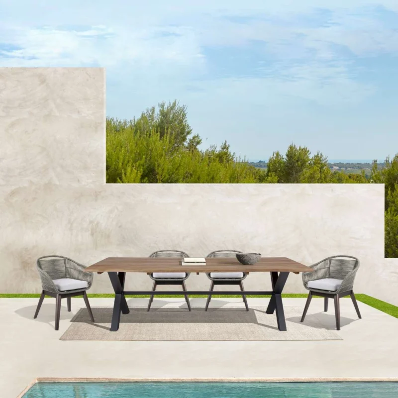 Glendora Tutti Frutti Outdoor Patio 5 Piece Live Edge Dining Set in Eucalyptus Wood Gray Rope and Cushions By Armen Living | Outdoor Dining Sets | Modishstore