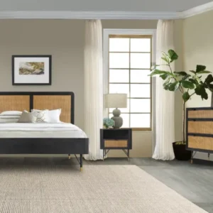 Saratoga 4 Piece Queen Bedroom Set in Black Acacia Wood and Rattan By Armen Living | Bedroom Sets | Modishstore